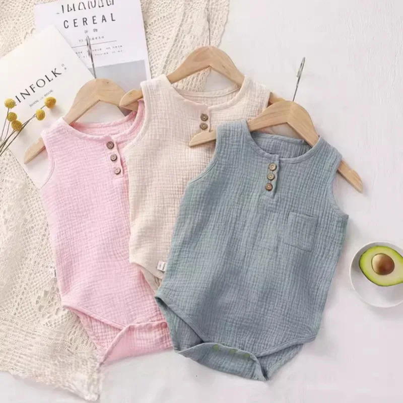 Summer Infant Onepiece Clothes 03Y born Cotton Gauze Bodysuit Baby Girl Boy Sleeveless Button n Breathable Romper 260623