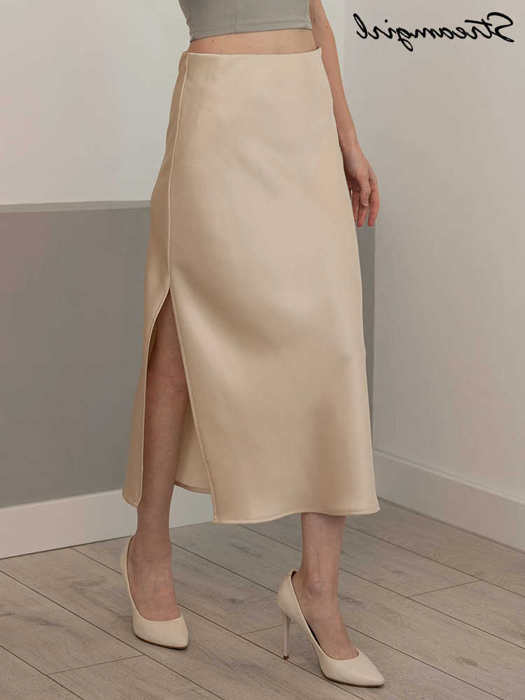 Streirl Office Black Midi Skirts For Women High Waist Elegant Silk Skirt Ladies Solid Women Satin Skirt With Slit On The Side L26