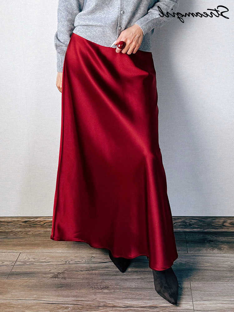 Autumn Wine Red Skirts Women Long Winter Elegant Party Satin Maxi Skirts Coffee A Line Lace Up Thick Black Skirts For Women L26