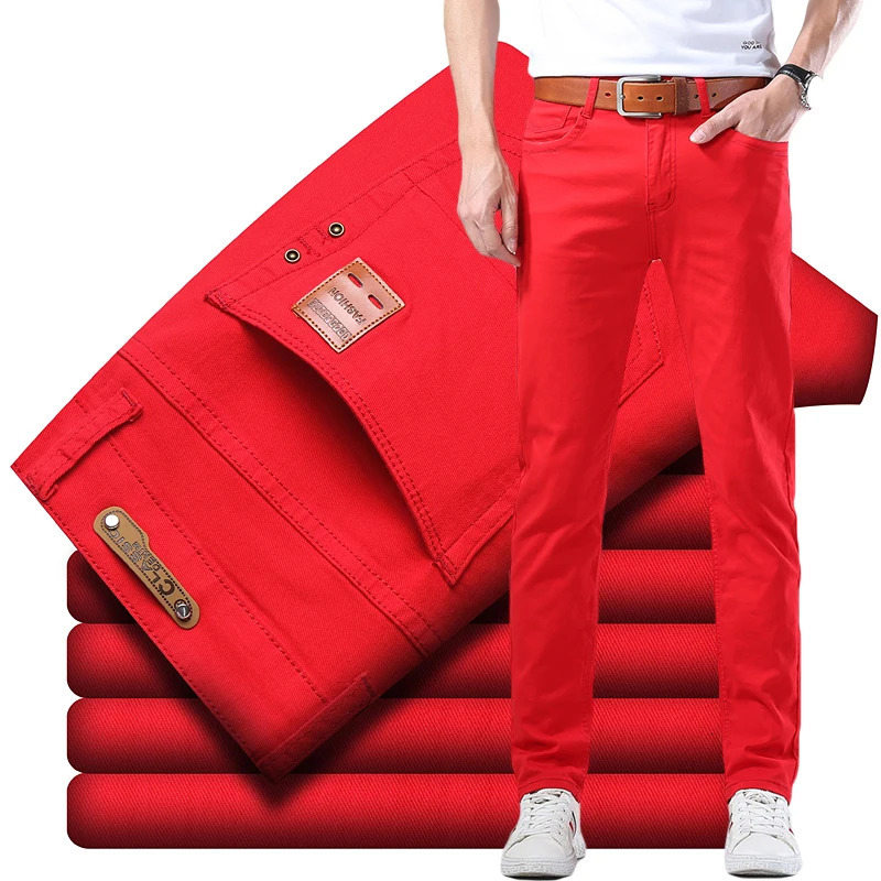 Spring Mens Red Elastic Jeans Korean Slim Straight Leg Wash Denim Pants Comfortable Soft Casual Trendy High End Trousers 260618