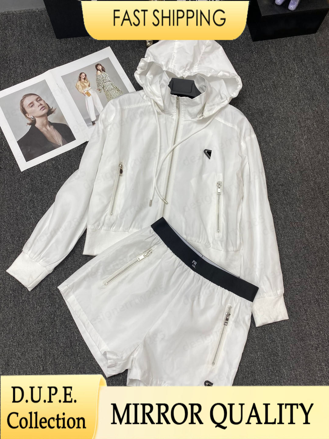 Designer Hooded Set Triangle Badge White Two Piece Outfits Women Tracksuit Luxury Brand Casual Half Zip Hoodie Sportswear Running Jogger Shorts S-image-1111817510