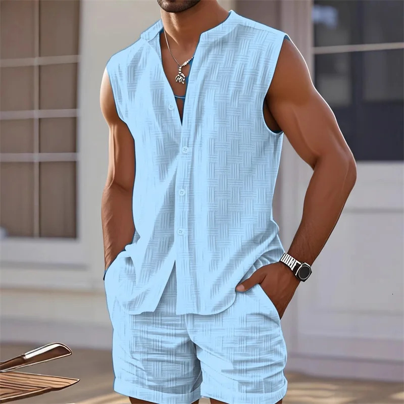 Mens Vest Shirt Sleeveless Top and Shorts Plaid TwoPiece Set Casual Trendy Hawaiian Beach 260623