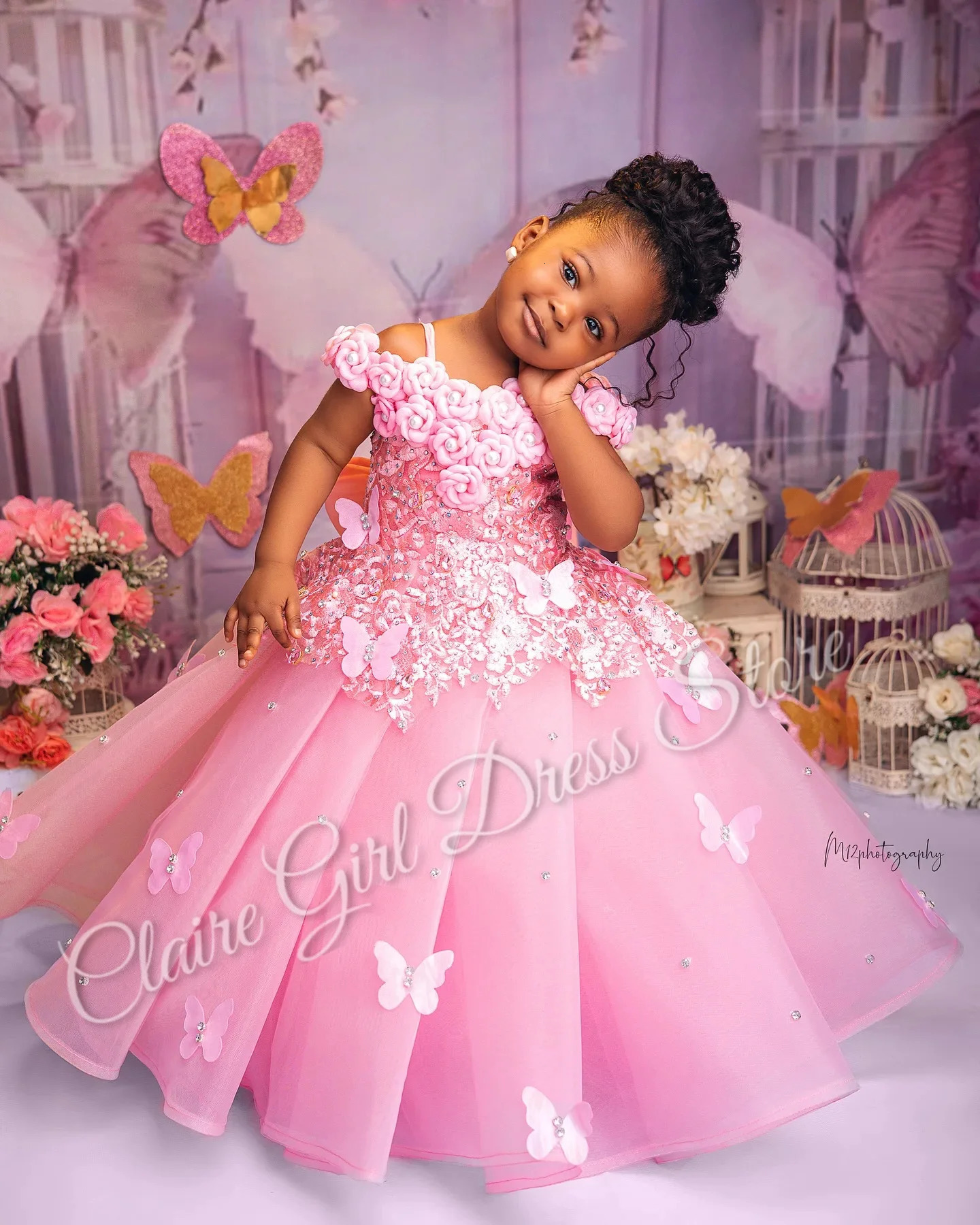 Customized Pink Flower Girl Dresses For Wedding Appliques Butterflies Pearls Cute Kids Birthday Party First Communion Gown 260623