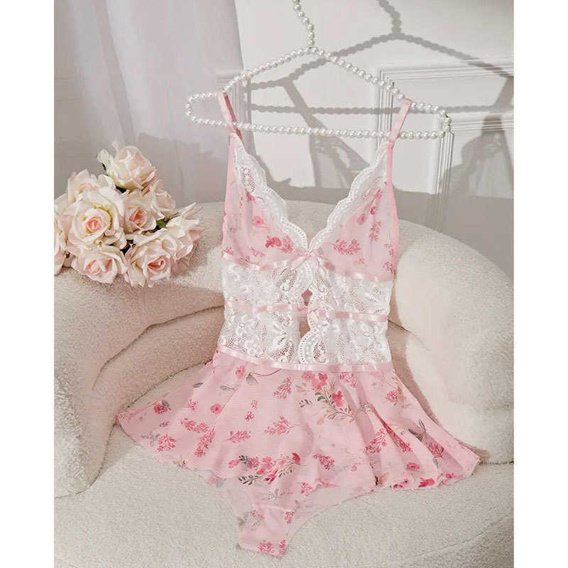 Sheer Floral Lace Deep V Bodysuits Transparent Hollow Mesh Patchwork Strap Slim Fit One Piece Bodysuits Sexy Womens Pajamas D260623