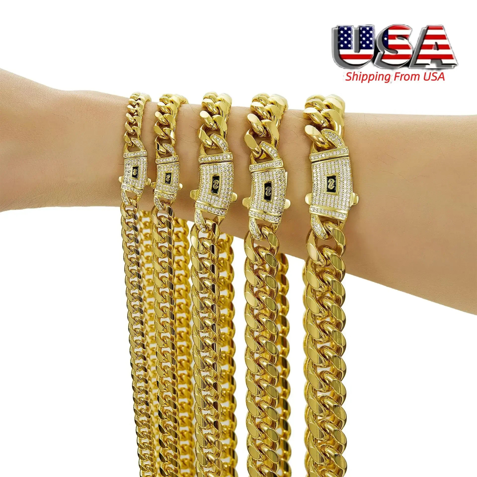 6-14mm Bling Gold Color Stainless Steel Cuban Miami Chains Necklaces CZ Zircon Box Lock Link Chain for Men Hip Hop Rock jewelry 260623