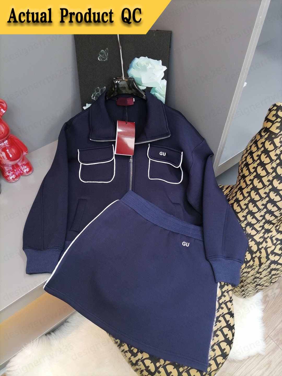 Luxury Women Clothing Two Piece Set Top and Skirt Dark Blue Stand Collar Zip Coat Double G Pattern Stripe Autumn Fashion Outfits Solid Sweatsuits