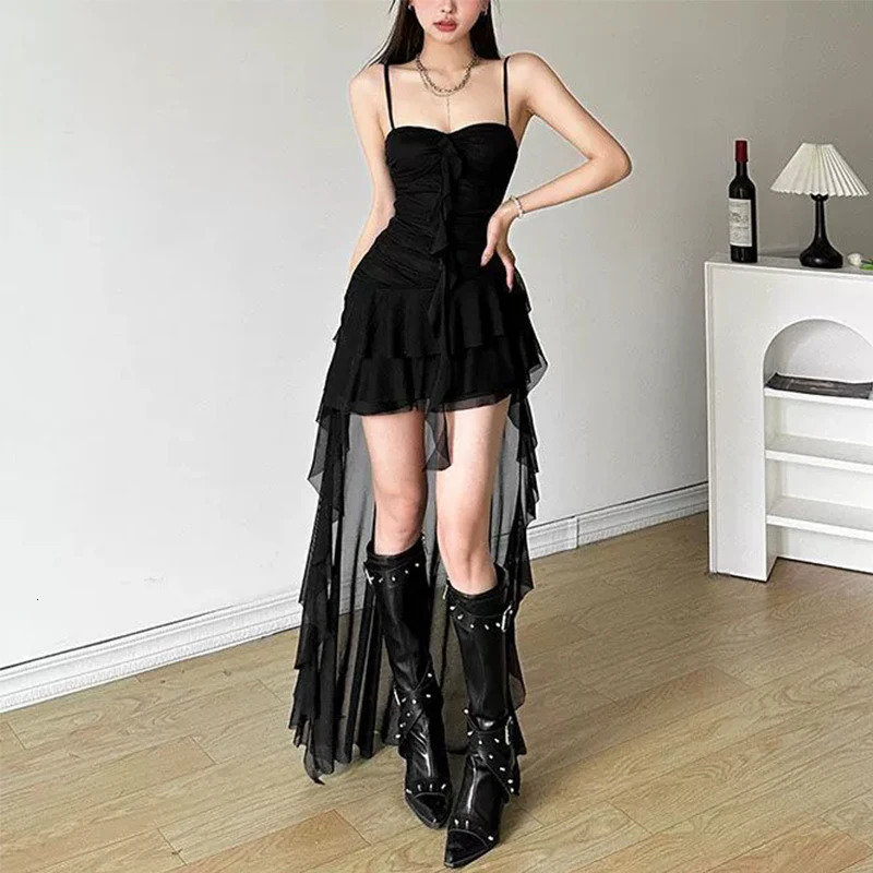 Fashion Sexy Spaghetti Strap Ruffle Irregular Bodycon Party Club Evening Dress Women Mesh Suspender Spring Summer Holiday Beach 260622