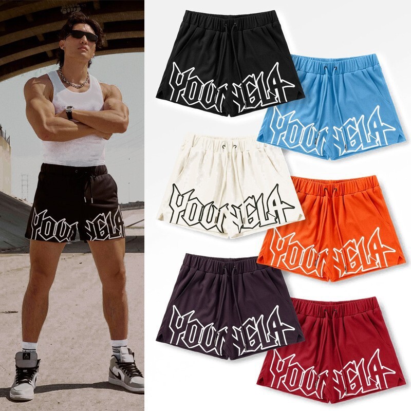 Pantaloncini al ginocchio per sport e fitness alla moda americana, pantaloni casual da allenamento per basket in mesh traspirante ad asciugatura rap