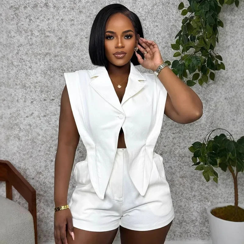 Solid Casual Short Sets Woman 2 Piece Set Outfit Streetwear Sleeveless Single Button Irregular Top Shorts in Matching 260623