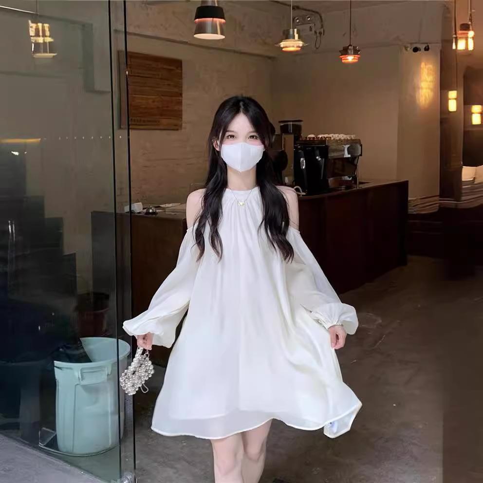 Q0430 French Platycodon Tea Break Hepburn Skirt Women's New Sweet Design Off-Shoulder Temperament Neck Dress-image-1111864699