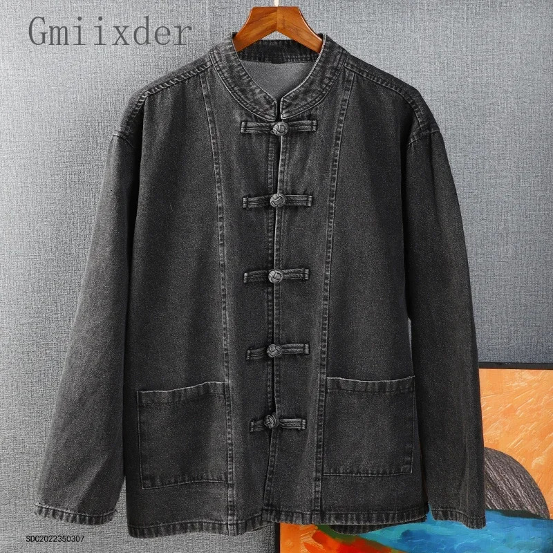 Gmiixder Spring Men Oversized Denim Shirt Solid Dark Gray Longsleeved Stand Collar Blouse Washed Retro Chinese Buckle Jacket 260623banjia