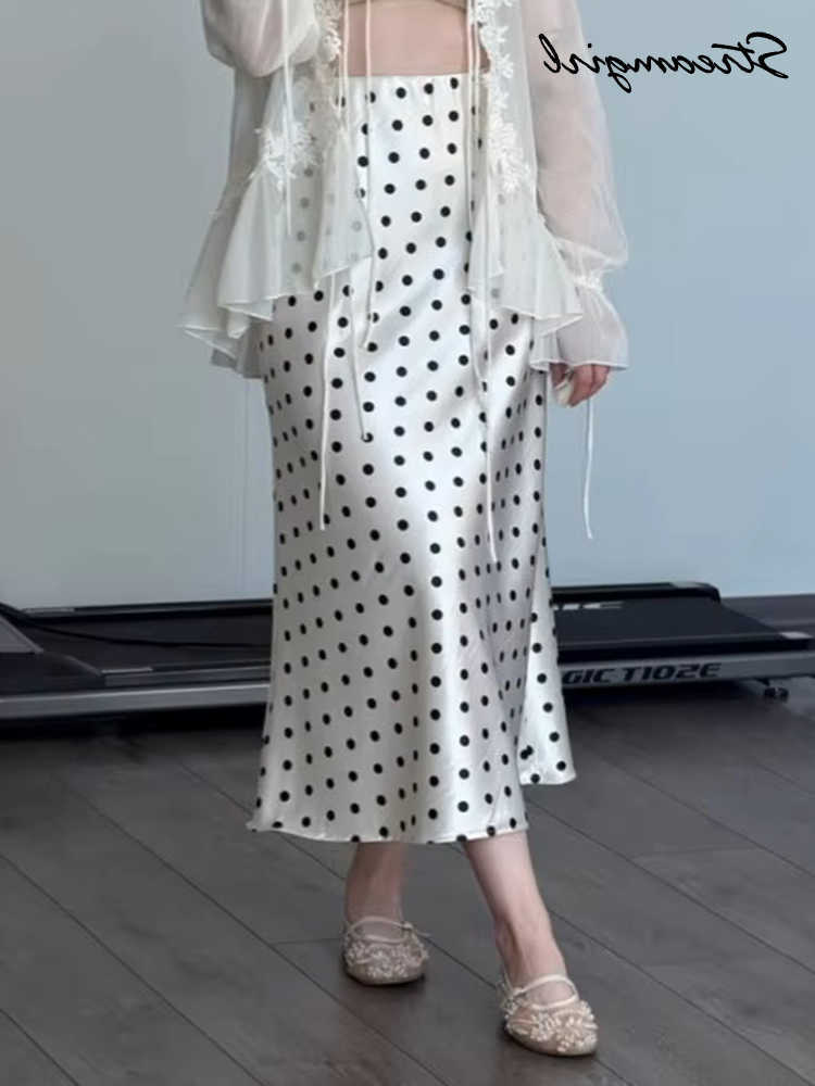 Women Polka Dot Satin Skirt Long Vintage 2026 Spring Summer Bodycon Skirts Maxi Black Satin Mermaid Skirts For Women Long L26