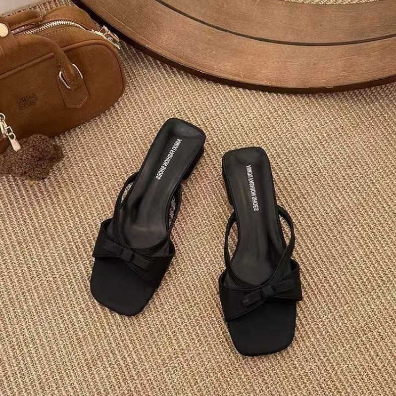 Women 2026 New Elegant Square Toe Bow Mule Sandals Casual Low Block Heel Slip On Summer Beach Fashion Slippers T260623