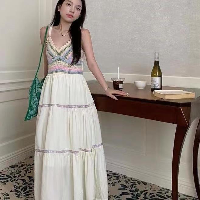 Q0431 Women's ethnic style suspender hollow splicing dress, new holiday style travel suspender skirt women's clothing-image-1111866212