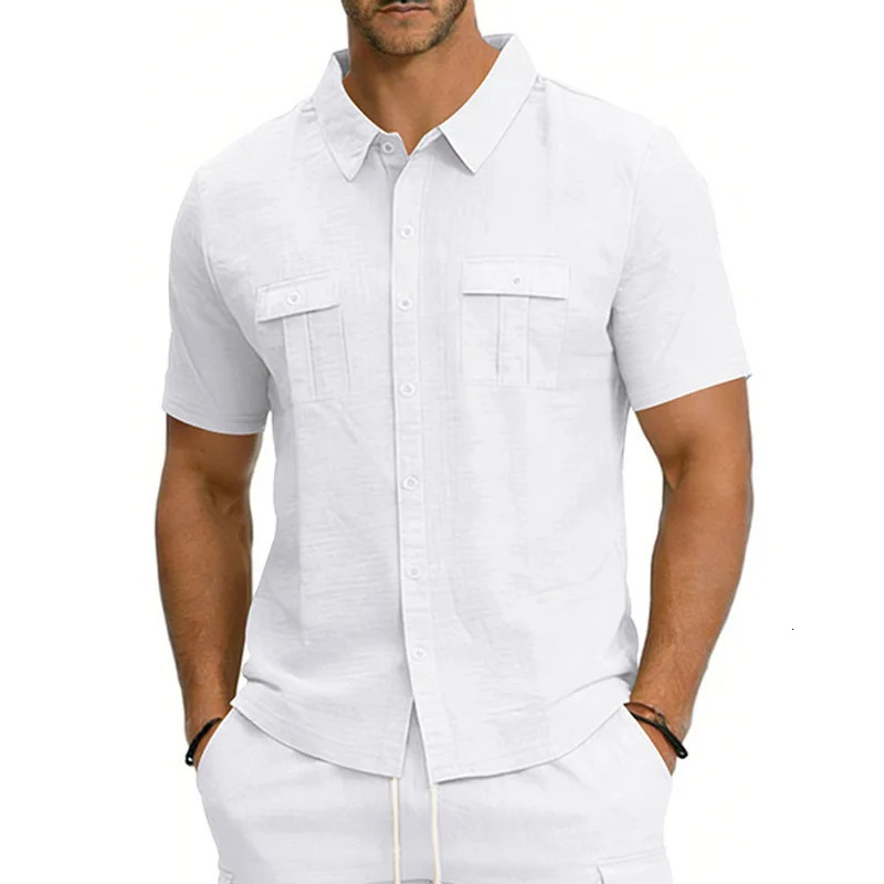 Mens Cotton Linen ShortSleeved Shirt Summer Solid Color Comfort Collar Casual Beach Style plus Size Male Shirts 260616