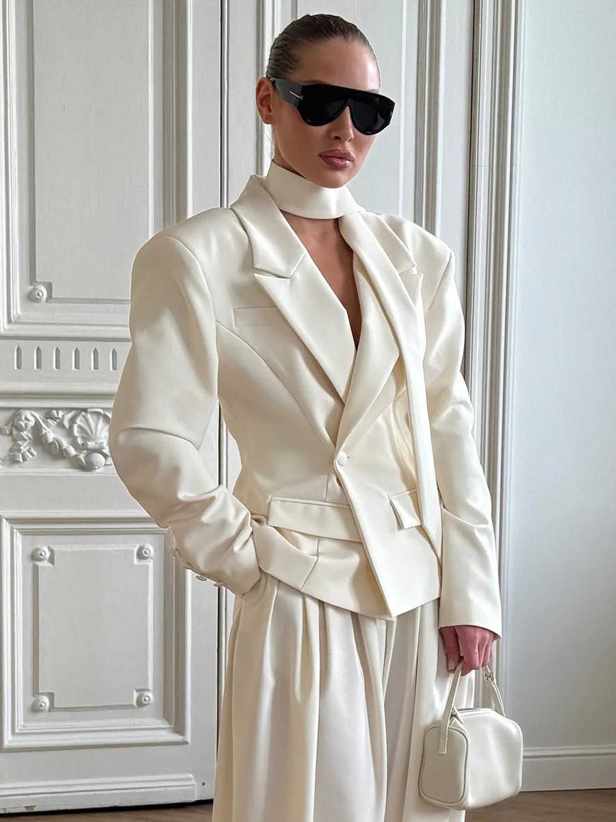 Wolfeel Womens Belted Neckline Tie Blazer Autumn Winter New Structured Shoulders Short Jacket Elegant Office Commuting Suits L26