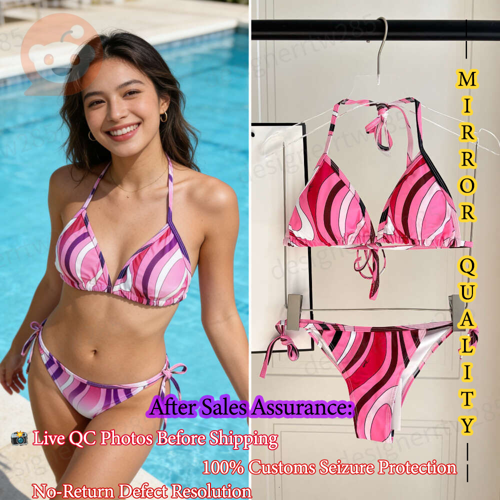Designer Triangle Bikini Set Pink Wave Print Bathing Suit Luxury Brand Beachwear Two Piece Swimsuits for Women Halter Swimwear Monokini Push Up T-image-1111776239