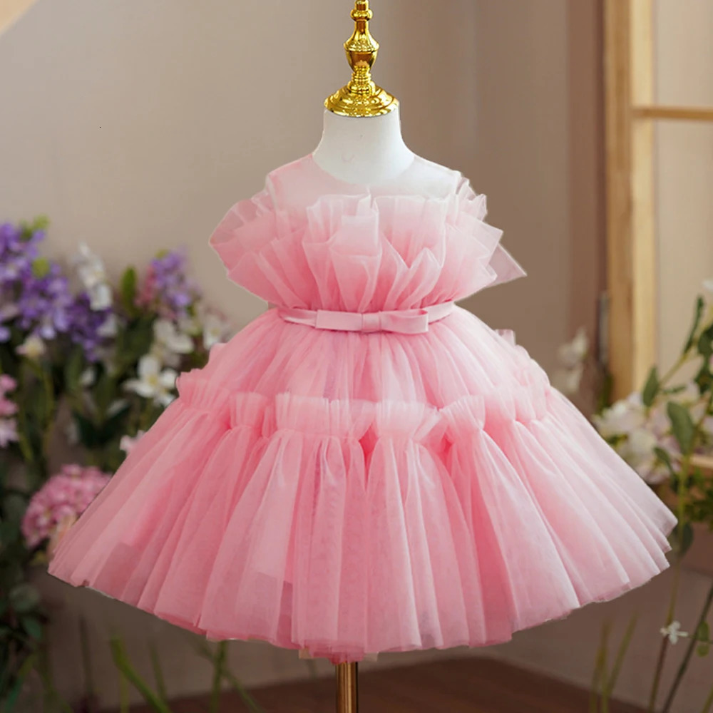 Elegant Ruffles Wedding Party Baby Girls Dress Tulle Pink Bow Bridemaid Princess Birthday Kids Dresses For Girl Evening Costumes 260623