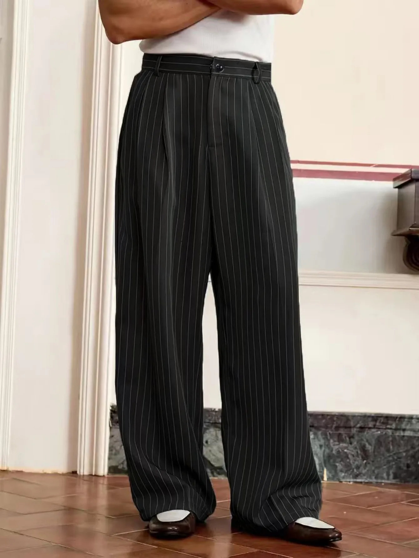 plus Size Mens Casual Striped Suit Pants Leisure Wide Leg Trousers for Men y260618
