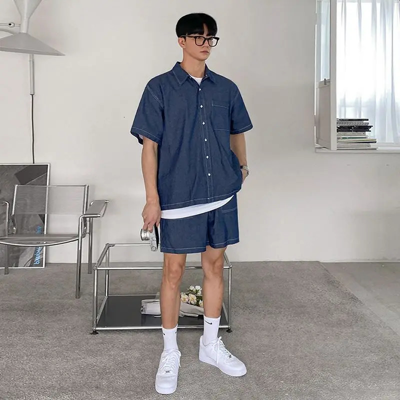 Daily relaxed casual mens suit shirt shorts made of vintage classic denim material outdoor jacketWorkwear set 85cotton 260623banjia