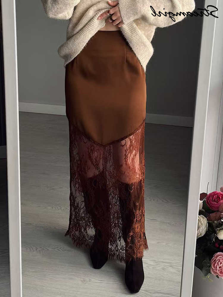 Brown Satin Skirts With Lace For Women Office Bodycon Long Skirt Elegant Black Satin Long Lace Skirts Ladies Spring Summer L26