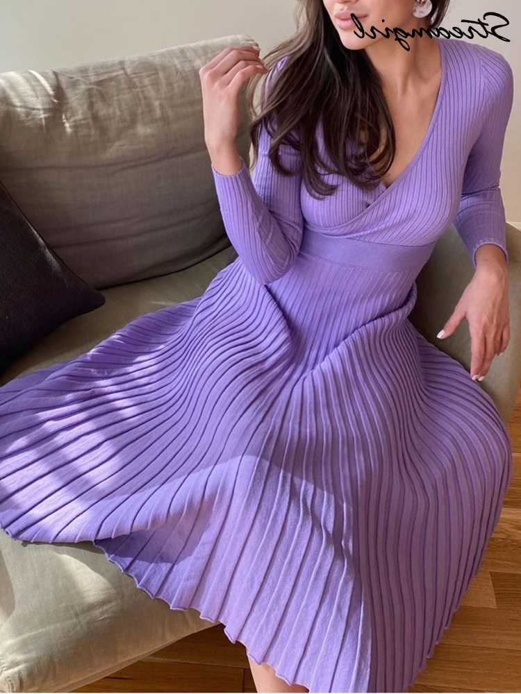 Pleated Knitted Dresses For Women 2025 Spring Autumn Long Sve Elegant Ladies Sky Blue Long Dresses V Neck Knitted Winer Women L26