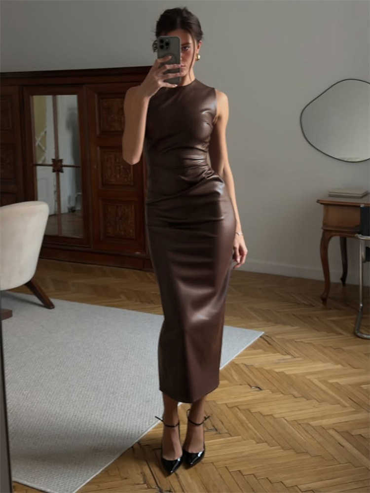 Tossy PU Sexy Fashion Maxi Dress For Women High Waist Sveless Slim Patchwork Solid Skinny Streetwear Female Bodycon Dress New L26