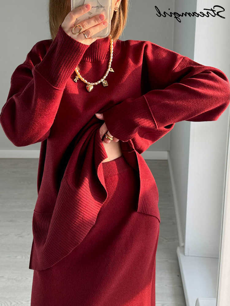 Slit Skirts Set For Women 2 Pieces Burgundy Sweater Matching Sets Ladies Elegant Womens Suits Two Piece Skirt And Top Sets L26