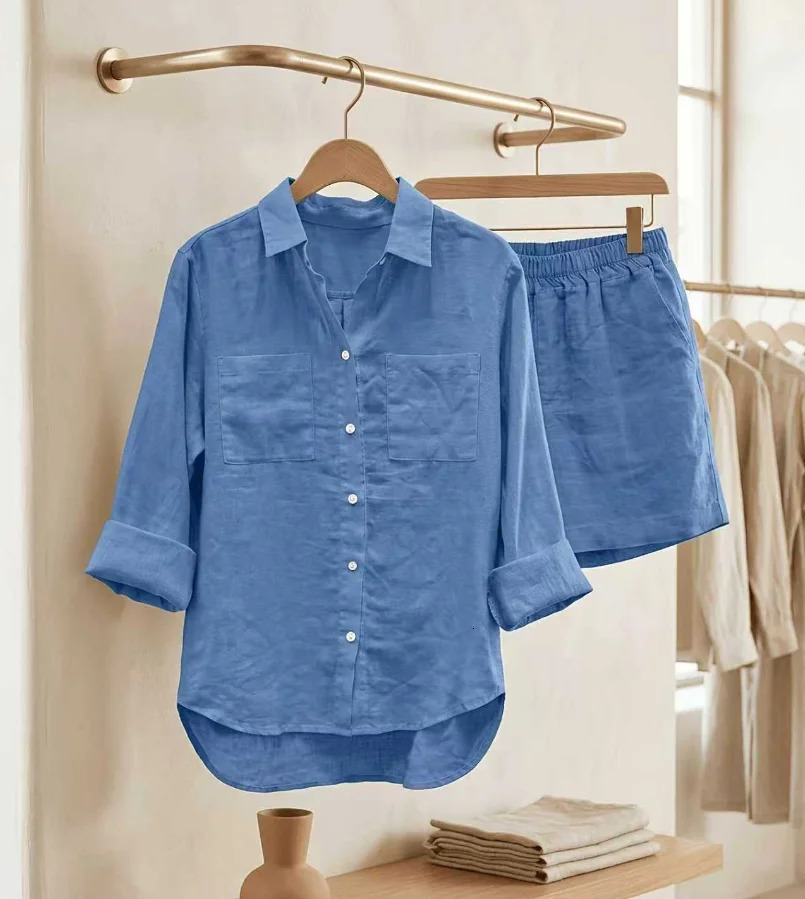 Set da 2 pezzi per la casa casual in lino di cotone estivo autunnale per donna Camicia a maniche lunghe e pantaloncini alla moda Due set di tuta 260