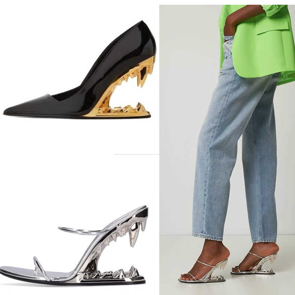 Summer New 2026 Metal Tiger Teeth Single Shoes High Heels Fashion Show Womens Wear Size 44 Womens Sandals T260623