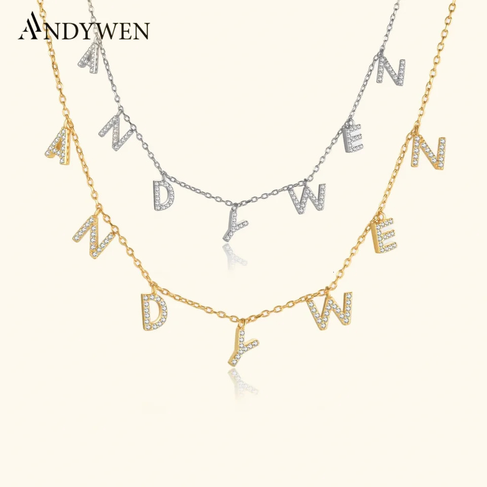 ANDYWEN 925 Sterling Silver Gold Personalized Name Pendant Necklace Alpahbet Birthday Gift Valentiens European Initial Jewelry 260615