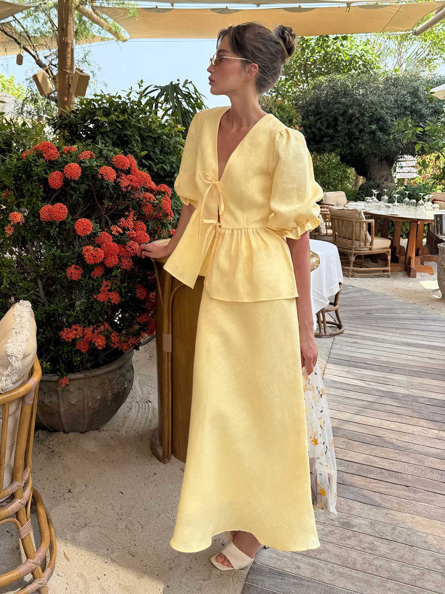Bornladies 2025 Summer Womens 100 Cotton V-Neck Lace-Up Bubble Sve Shirt Long Skirt Set Loose Casual Two-Piece Suit L26