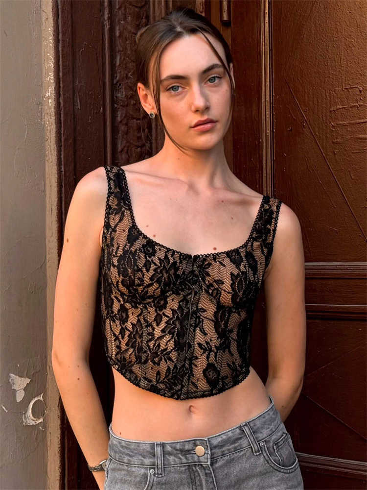 Tossy Sexy Lace Printed Tank Top Pullover Womens Backless Patchwork Summer Fashion Elegant Cropped Top Female Lace Tanks Vest L26