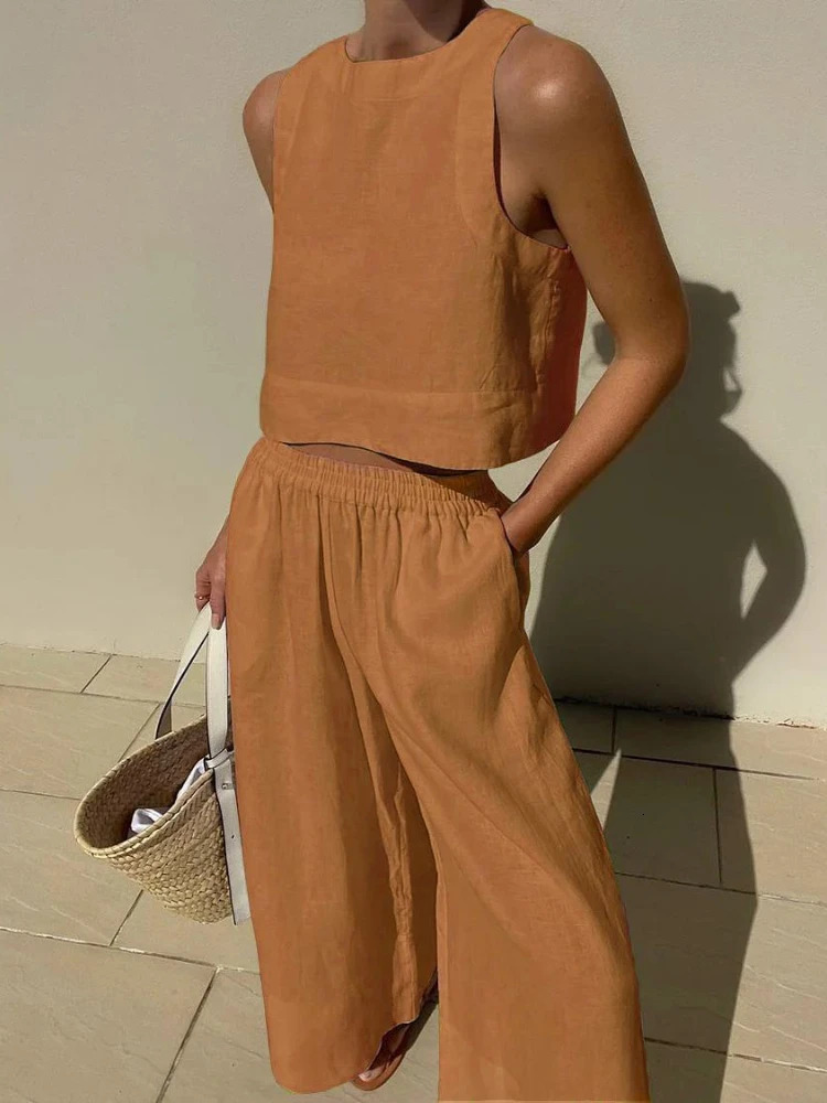 2024 Summer Fashion Womens Cotton and Hemp Set Round Neck Sleeveless Shirt Tie Waist Wide Leg Pants Sports Two Piece 260623
