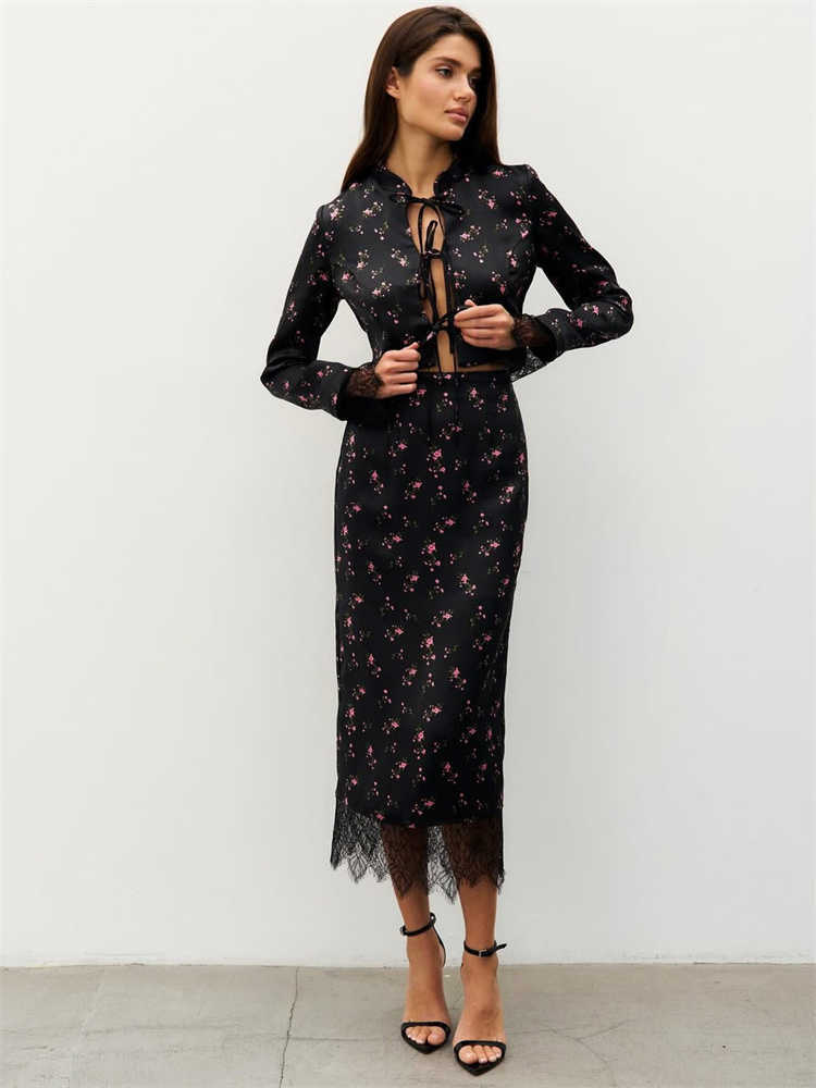 Tossy Printed Lace Female 2 Piece-Set Long Skirt Lace-Up Patchwork Elegant Hollow Out Top And Slim Maxi Skirt Sets Women Outfits L26