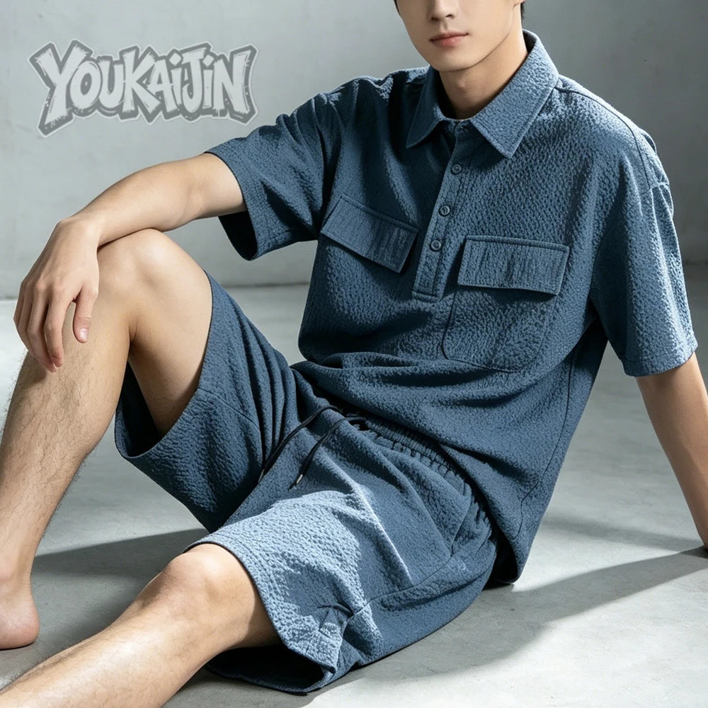 Korean Mens Summer Trendy 2 Pcs Set Lightweight Crinkle Texture Half Placket Polo with Pockets Drawstring Shorts Casual Style 260623