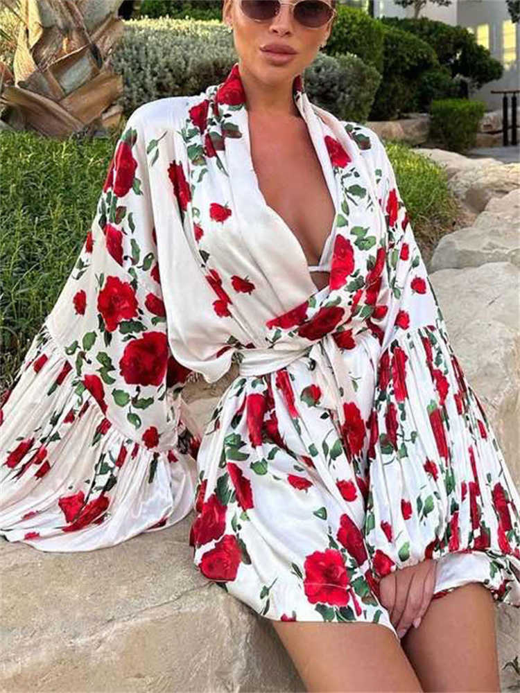 Tossy Printed Patchwork Loose Mini Dress Womens Long Sve Contrast Fashion Sexy Lace-Up Dress Female V-Neck Party Dress 2025 L26