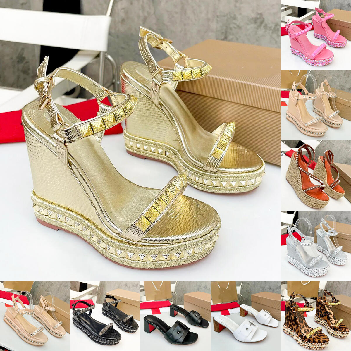 Luxury Raffia platform wedge sandal 2026 spring summer Designer pool slide casual shoe mens woman pink leather dress beach rivet rhinestone sandale