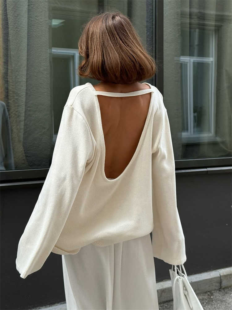 Tossy Female Backless Loose Knitwear Sweater Solid Casual Elegant Long Sve Patchwork Commute Clothes Womens Knit Pullover L26