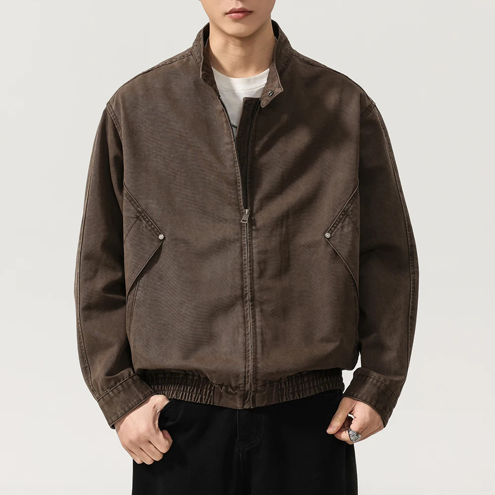 Men American Vintage Washed Cotton Loose Casual Cargo Jacket Cityboy Spring Autumn Stand Collar Bomber Coat Outerwear 260623