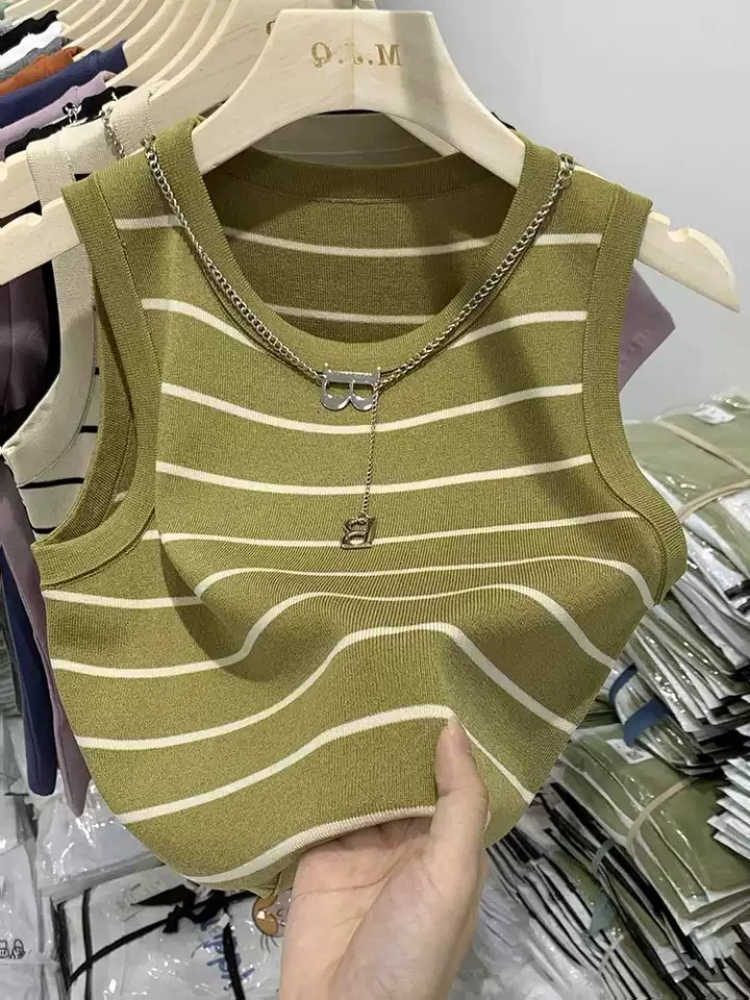 Tank 2026 Spring Summer Women Tops Sleeveless Knitted Striped Crop Tops Female Elastic Slim Casual Vests Color Blocking Camis M260623