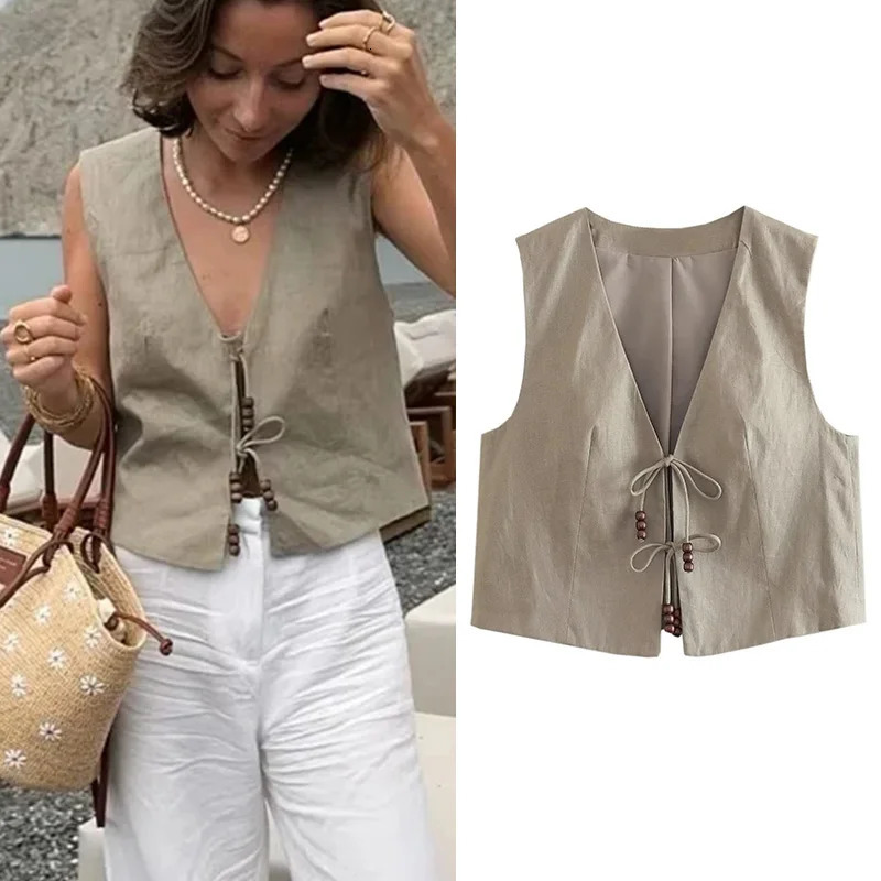 MUJER Beading Sleeveless Vest Woman V Neck Black Cropped Women Jacket Tied Short Coats Waistcoat Womens Fashion Vests 260625