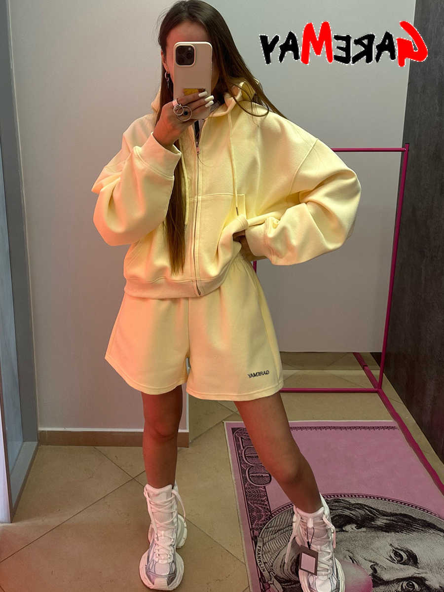 Womens Summer Tracksuit with Shorts Zipper Cotton Oversize Top and Shorts Two Piece Set Casual Sports Yellow Suit for Women L26