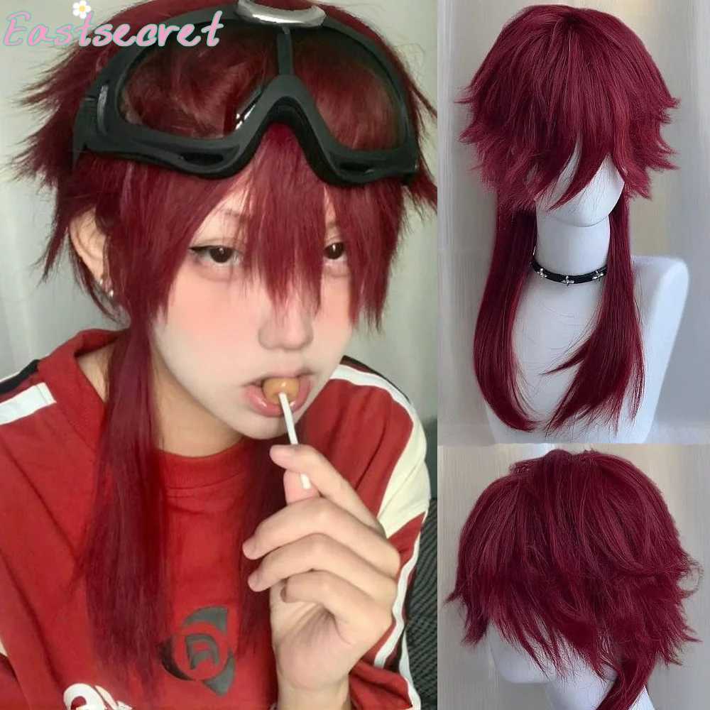 EAST Red Long Straight Synthetic Mullet Head Wig Wolf Tail Layered Fluffy Women and Men Wig for Daily Party Lolita Cosplay Z260623