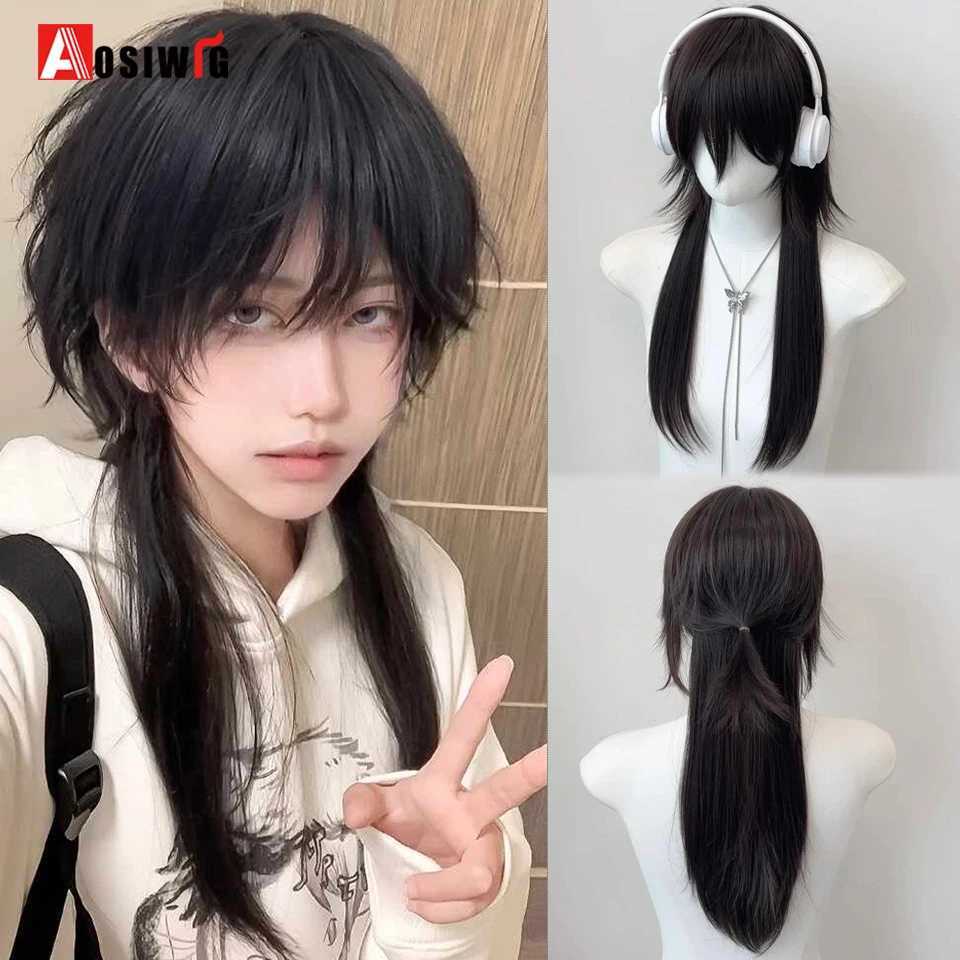 AOSI Black Long Straight Synthetic Mullet Head Wig Wolf Tail Layered Fluffy Women and Men Wig for Daily Party Lolita Cosplay Z260623
