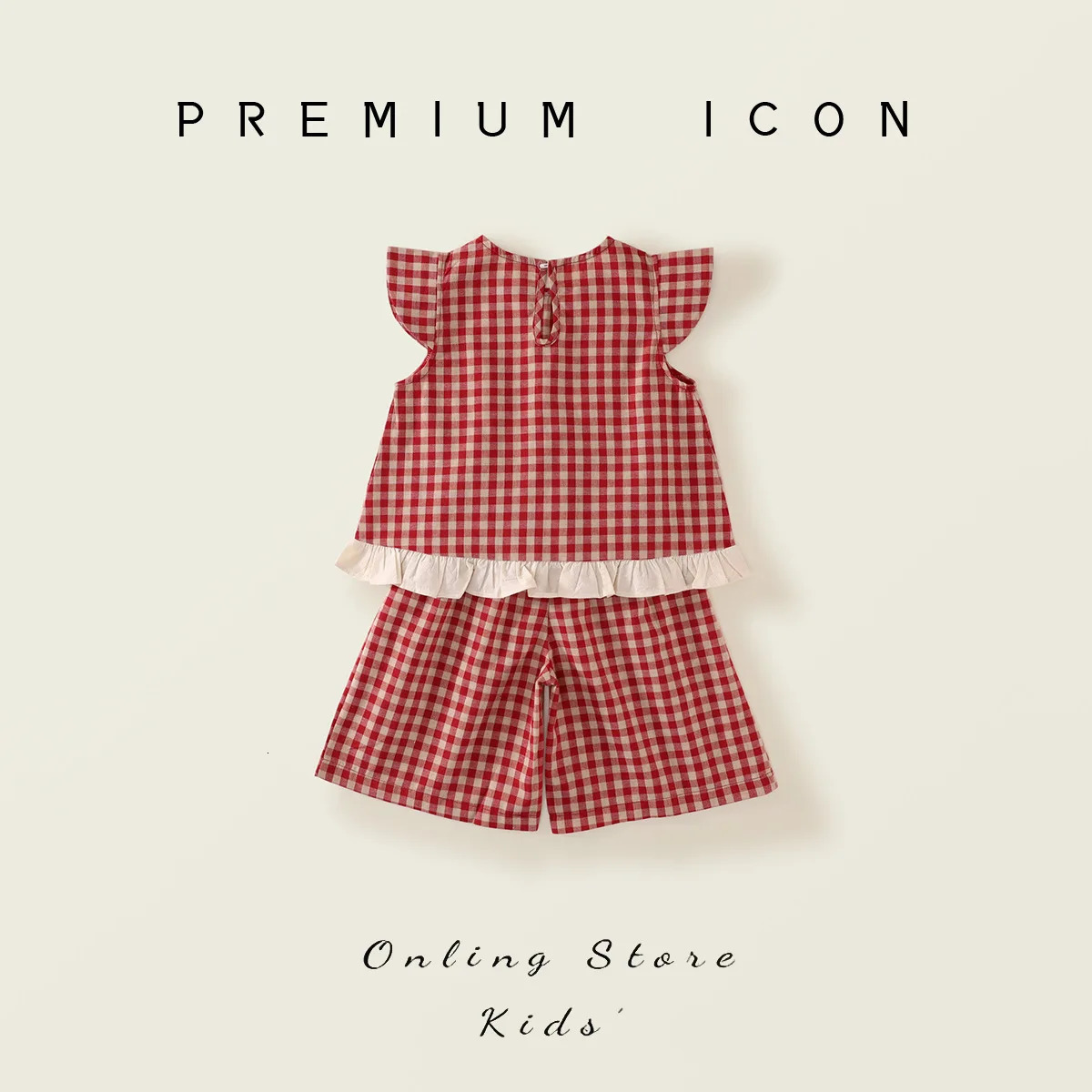 Girls Little Flying Sleeve Red Checkered Set Summer Style Korean Wide Leg Pants Two Piece Set Hair Replacement 260623