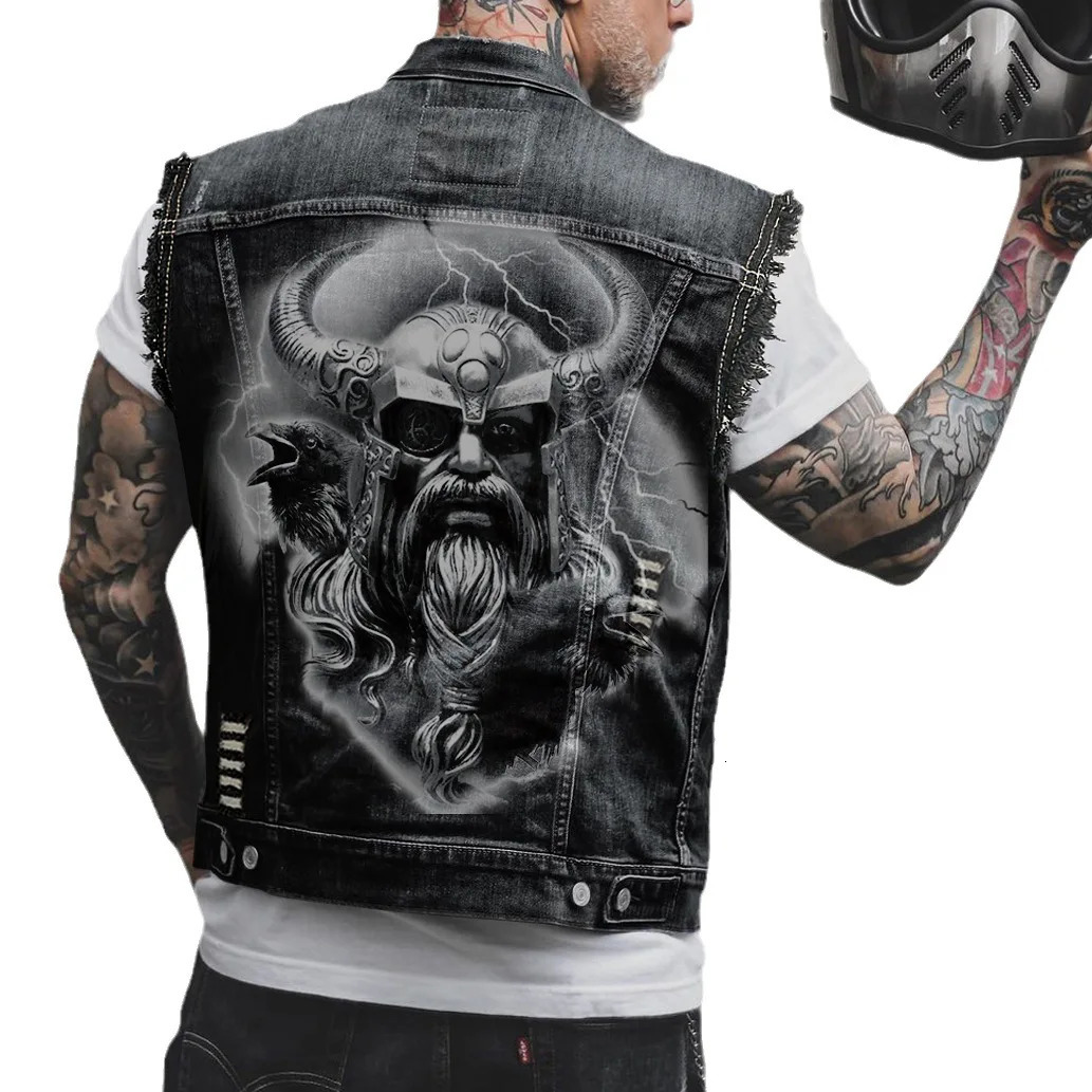 Mens High Street Ripped Jeans Vests Streetwear Printed Biker Waistcoat Motorcycle Rider Sleeveless Denim Jacket 260623banjia