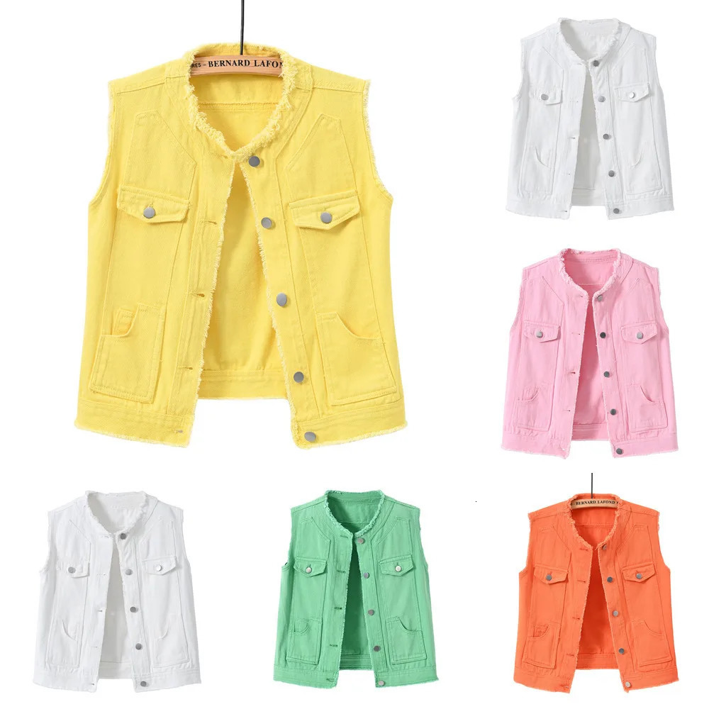 In Womens Spring Autumn Sleeveless Denim Vest Jacket Korean Fashion Pink Pocket Waistcoats Outerwear 260625