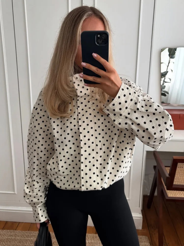 2026 Autumn Spring Dot Printed Bomber Jacket For Women Oversize Turn Down Collar Coats Female Street Long Sleeve Chic Outerwear 260622