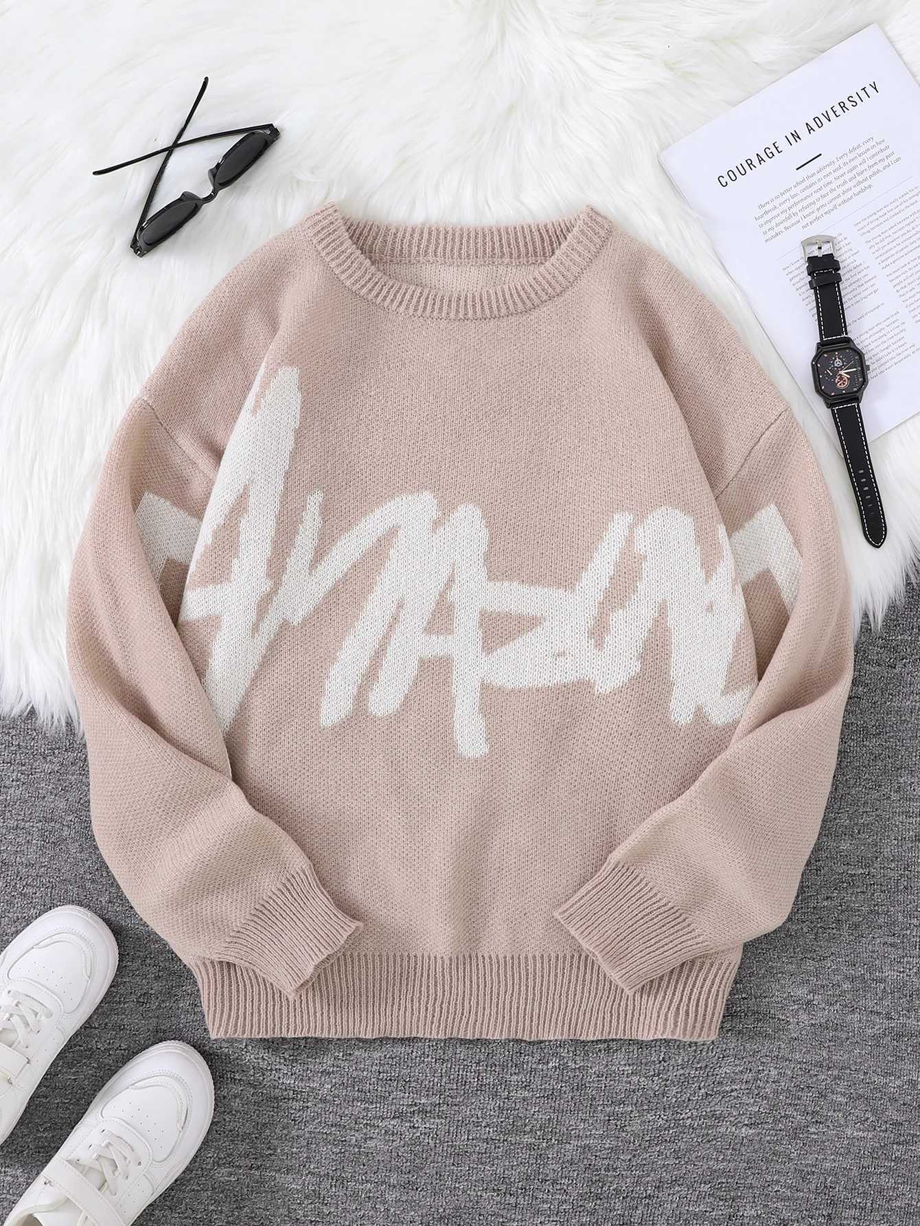 Popular New Spring Autumn Graffiti Jacquard Pattern Pullover Sweater Casual Round Neck Contrast Color Knitted Mens Pullover L26623